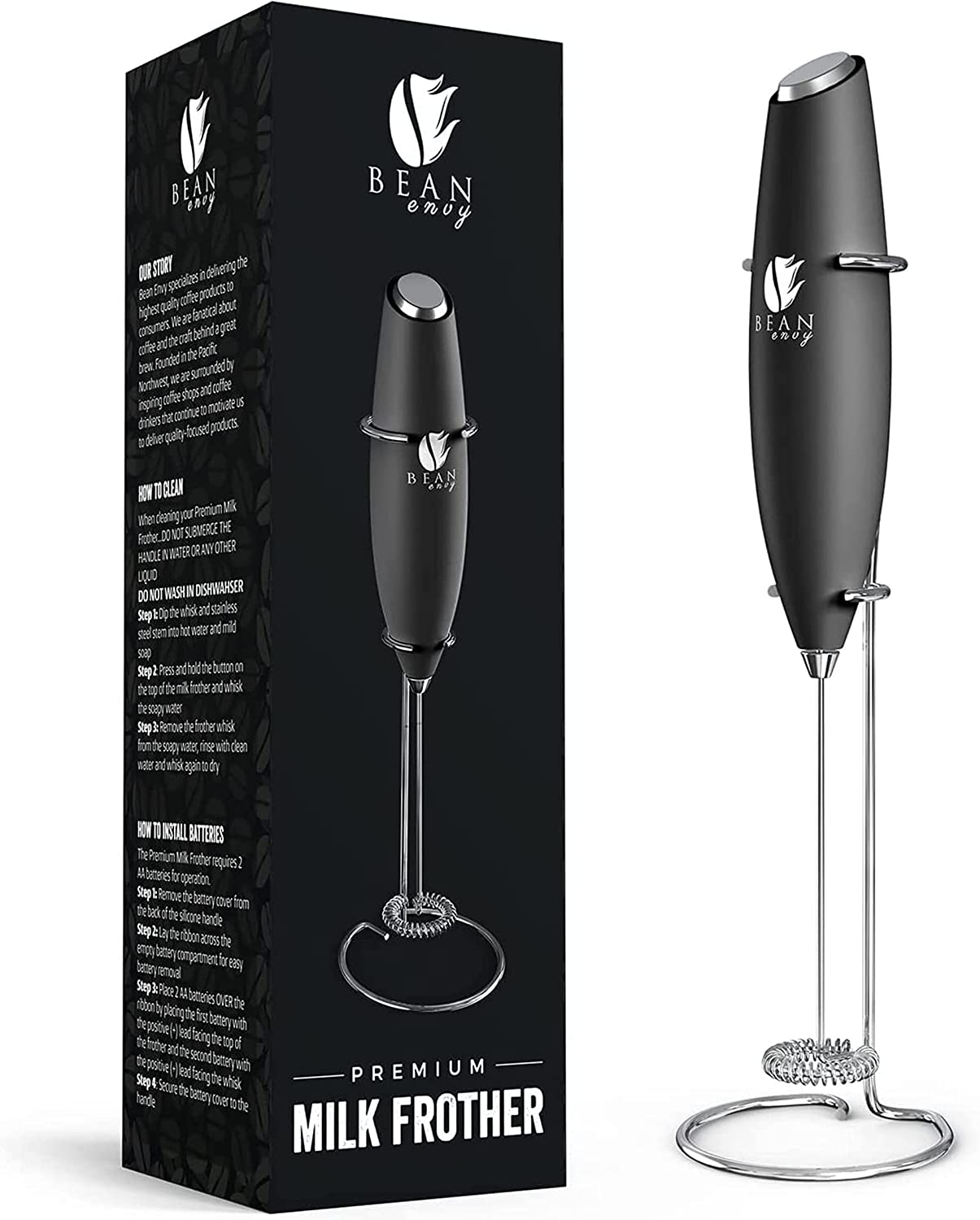 Bean Envy Handheld Milk Frother for Coffee - Electric Hand Blender, Mini  Drink Mixer Whisk & Coffee Foamer Wand w/Stand for Lattes, Matcha and Hot  Chocolate - Kitchen Gifts - Black