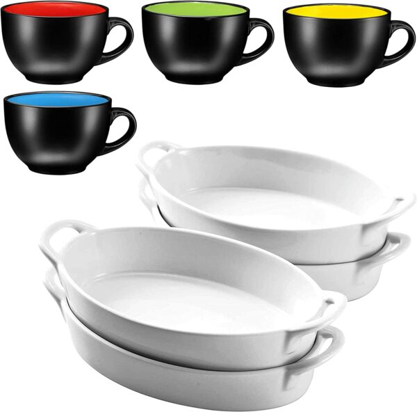 Bruntmor Set of 4 Oval Au Gratin 8"x 5" Baking Dishes, Lasagna Pan, Ceramic Bakeware Ideal for Crème Brulee Easy Carry Handles